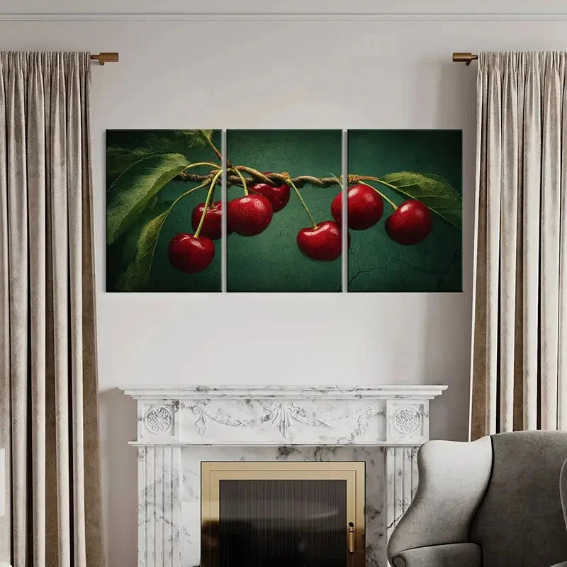 3pcs Vibrant Red Fruits & Green Leaves Nature Metal Print Ready to Hang Art