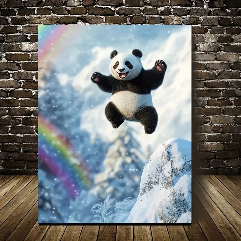 Panda Joyful Jumping on Snowy Painting 40x60cm Metal Print Ready to Hang