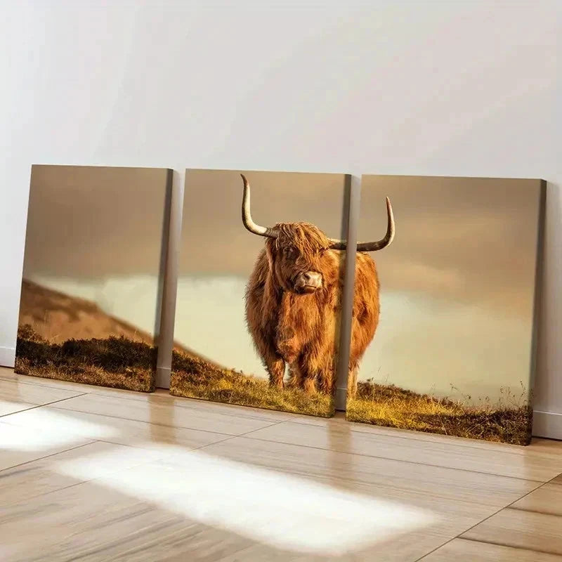 3pcs Plateau Highland Cattle Modern Wall Art Set Canvas Framed 40x60cm - High Quality Print 100% Australian Made Wall Canvas Ready to Hang
