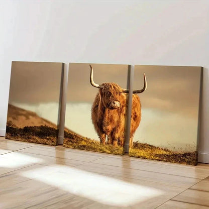 3pcs Plateau Highland Cattle Modern Wall Art Set Canvas Framed 40x60cm - High Quality Print 100% Australian Made Wall Canvas Ready to Hang