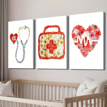 3pcs Floral Stethoscope Heartbeat Design Perfect Wall Art Set Canvas Framed 40x60cm - High Quality Print 100% Australian Made Wall Canvas Ready to Hang