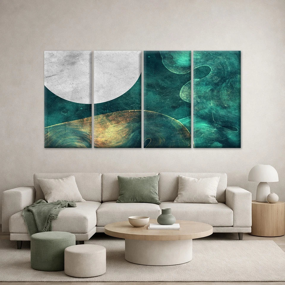 4pcs Teal and Gold Abstract Moon Landscape Wall Art Canvas Framed 45x80cm - High Quality Print 100% Australian Made Wall Canvas Ready to Hang