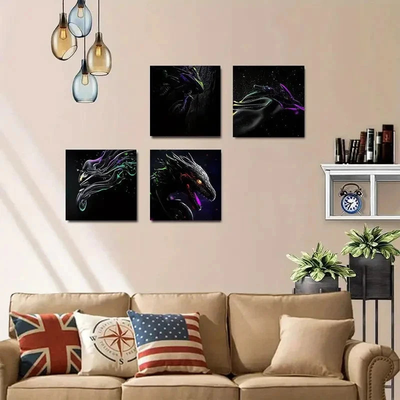 4pcs Neon-Lit Designs With Starry Night Wall Art Canvas Framed