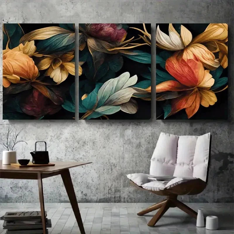 3pcs Autumn Colored Blooms and Leaves Metal Print Ready to Hang Art
