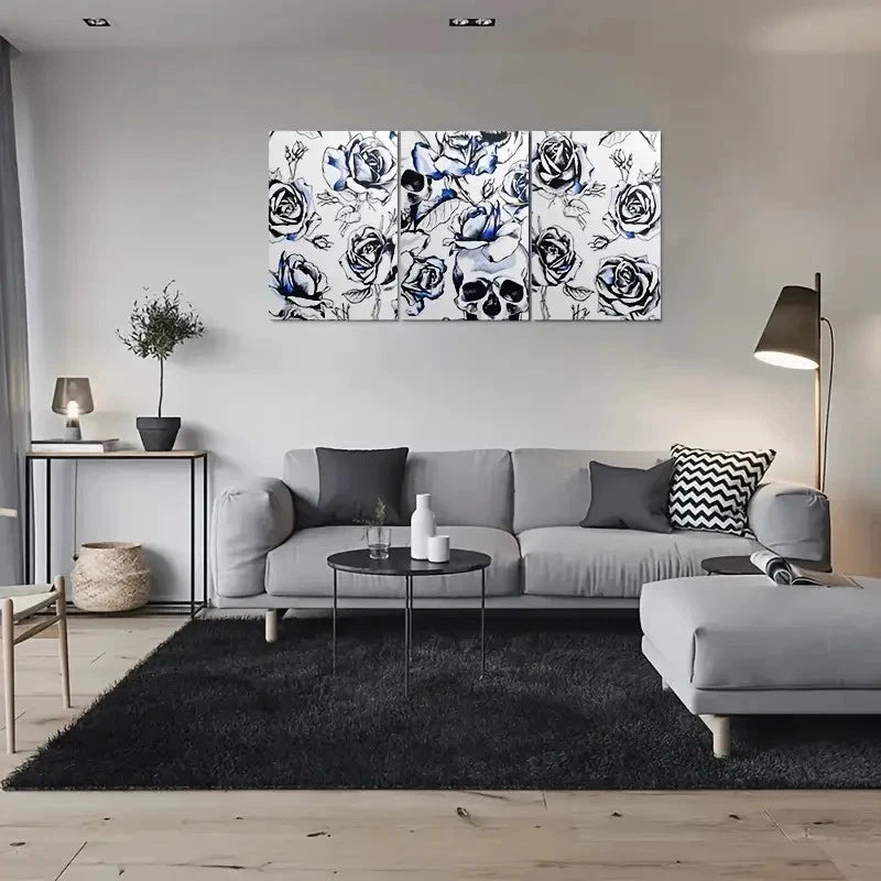 3pcs Blue and White Rose Skull Gothic Floral Metal Print Ready to Hang Art