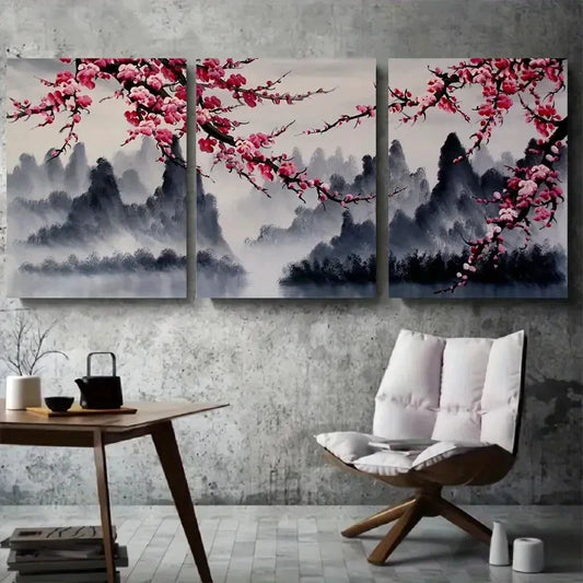 3pcs Misty Mountain Cherry Blossom Wall Art Set Canvas Framed 60x90cm - High Quality Print 100% Australian Made Wall Canvas Ready to Hang