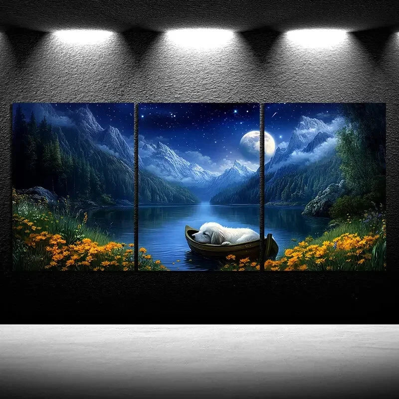 3pcs Dog Sleeping on Small Boat Metal Print Ready to Hang Art