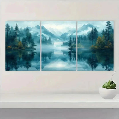3pcs Serene Misty Mountain Lake Scene Metal Print Ready to Hang Art