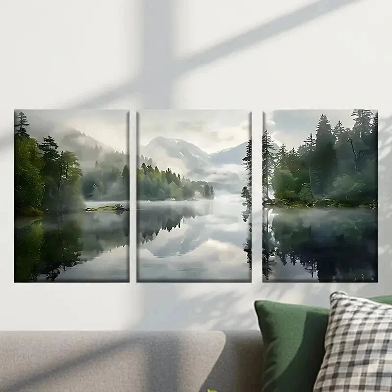 3pcs Misty Lake with Trees and Mountains Wall Art Set Canvas Framed 40x60cm - High Quality Print 100% Australian Made Wall Canvas Ready to Hang