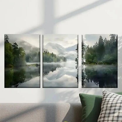 3pcs Misty Lake with Trees and Mountains Wall Art Set Canvas Framed 40x60cm - High Quality Print 100% Australian Made Wall Canvas Ready to Hang