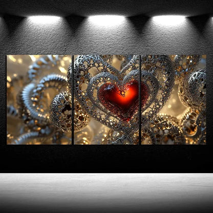 3pcs Love Themed Red Heart Silver Themed Metal Print Ready to Hang Art