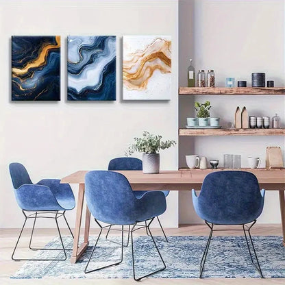 3pcs Abstract Golden and Blue Marble Paintings Metal Print Ready to Hang Art
