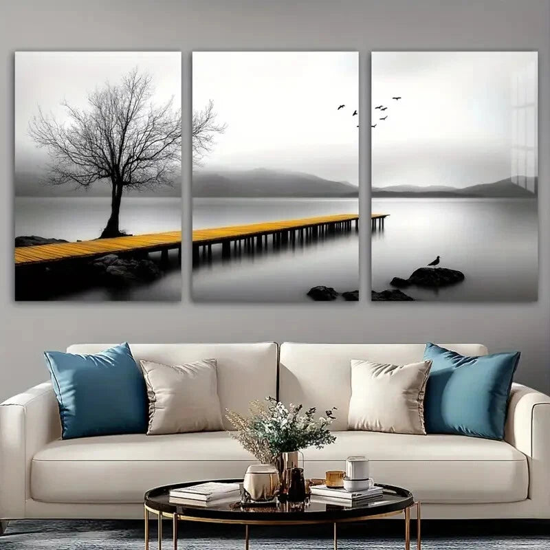 3pcs Seaside Birds and Trees Black Themed Metal Print Ready to Hang Art