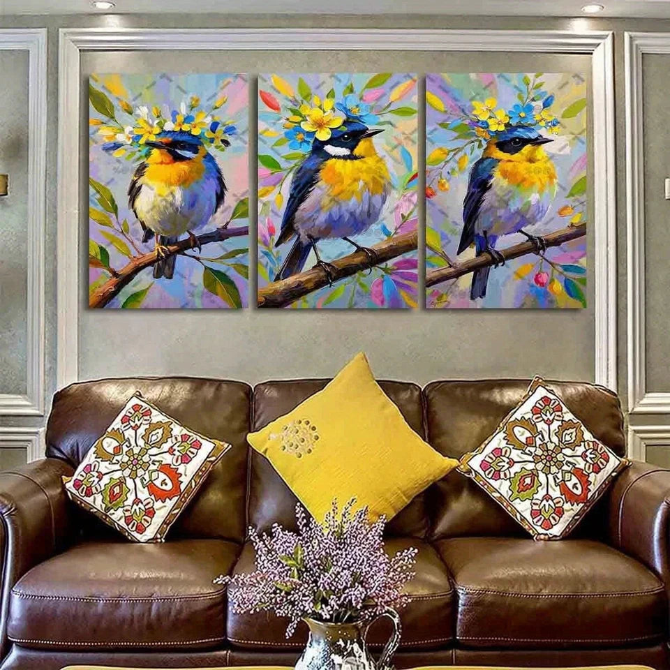 3pcs Vibrant Colorful Birds & Cherry Blossom Metal Print Ready to Hang Art