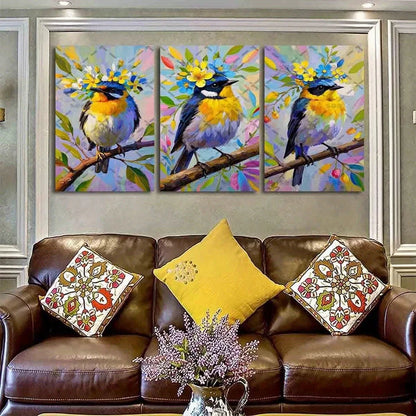 3pcs Vibrant Colorful Birds & Cherry Blossom Metal Print Ready to Hang Art
