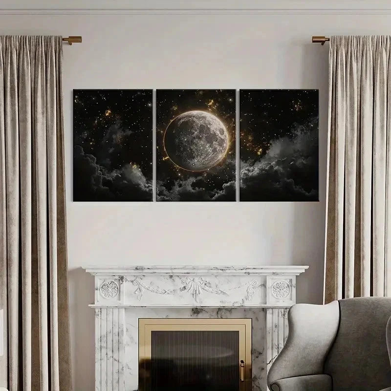 3pcs Moonlit Sky, Cosmic Clouds, Celestial Art Wall Art Set Canvas Framed 40x60cm - High Quality Print 100% Australian Made Wall Canvas Ready to Hang
