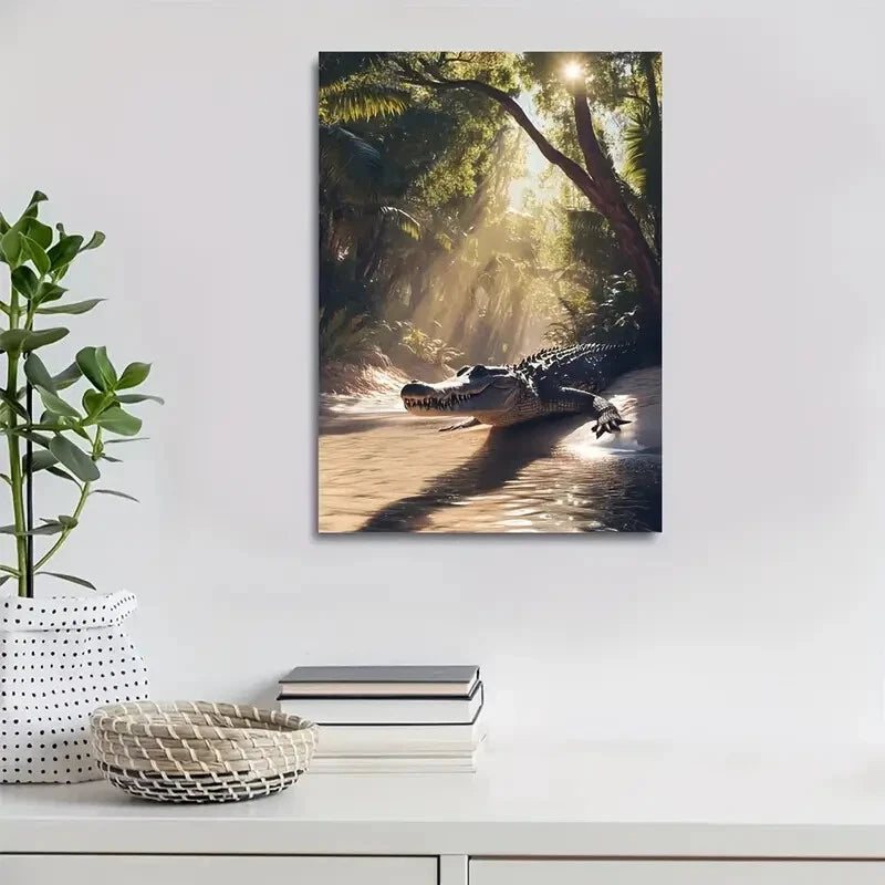 Scene of Crocodile Swinging from Trees Painting 40x60cm Metal Print Ready to Hang