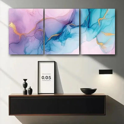 3pcs Pastel Blue & Lilac Marble with Golden Veins Metal Print Ready to Hang Art
