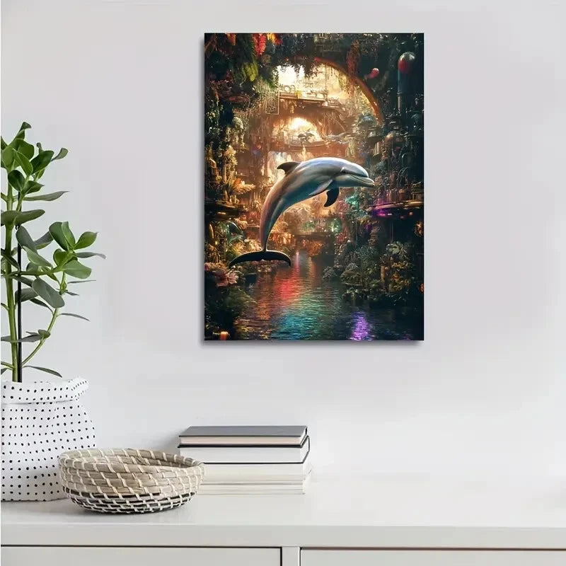 Steampunk Dolphin Jungle Scene with Rainbow Painting 40x60cm Metal Print Ready to Hang