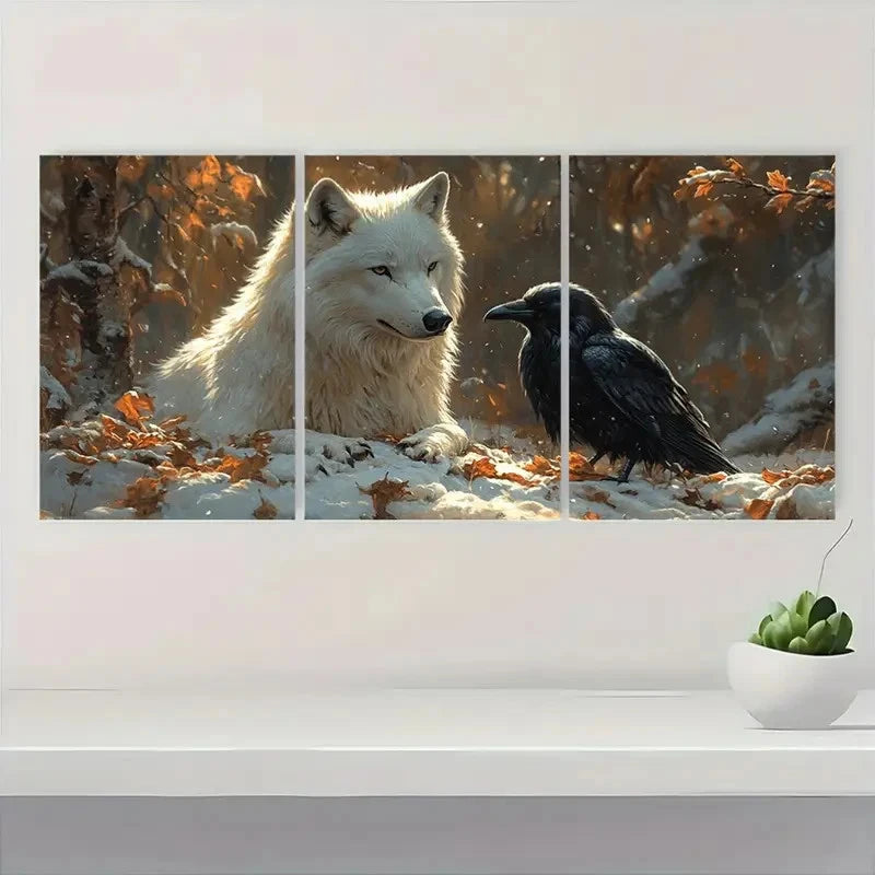 3pcs White Wolf & Raven Winter Forest Metal Print Ready to Hang Art