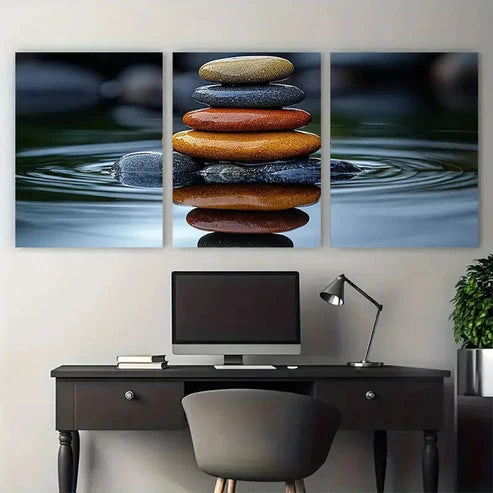 3pcs Stones In Water With Reflection Perfect Wall Art Set Canvas Unframed - High Quality Print 100% Australian Made Wall Canvas