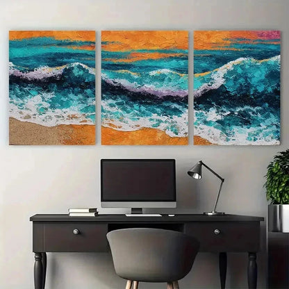 3pcs Orange Sunset Seascape Acrylic Perfect Wall Art Set Canvas Framed 40x60cm - High Quality Print 100% Australian Made Wall Canvas Ready to Hang