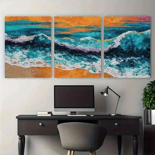 3pcs Orange Sunset Seascape Acrylic Perfect Wall Art Set Canvas Framed 40x60cm - High Quality Print 100% Australian Made Wall Canvas Ready to Hang