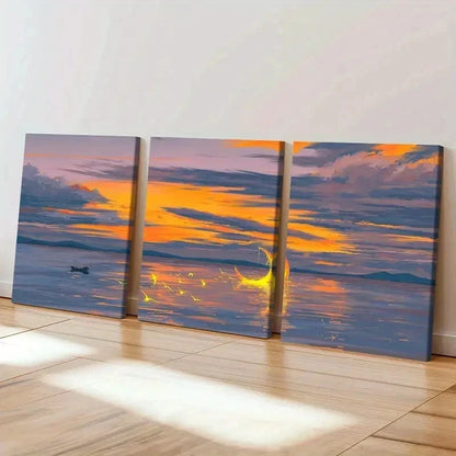 3pcs Sea Surface At Dusk and Moon Wall Art Set Canvas Framed 40x60cm - High Quality Print 100% Australian Made Wall Canvas Ready to Hang
