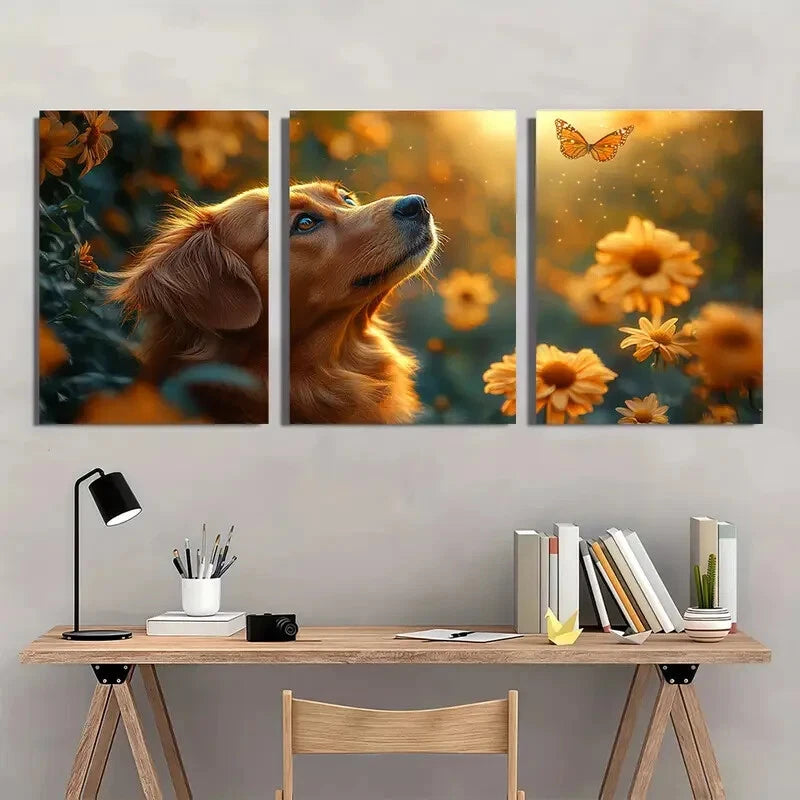 3pcs Golden Retriever Daisies & Butterflies Metal Print Ready to Hang Art