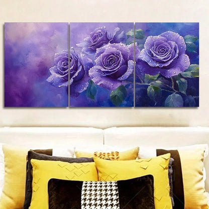 3pcs Purple Rose Night Green Leaves Metal Print Ready to Hang Art