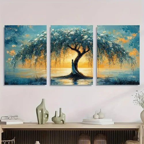 3pcs Nature Inspired Modern Watercolor Willow Tree Metal Print Ready to Hang Art