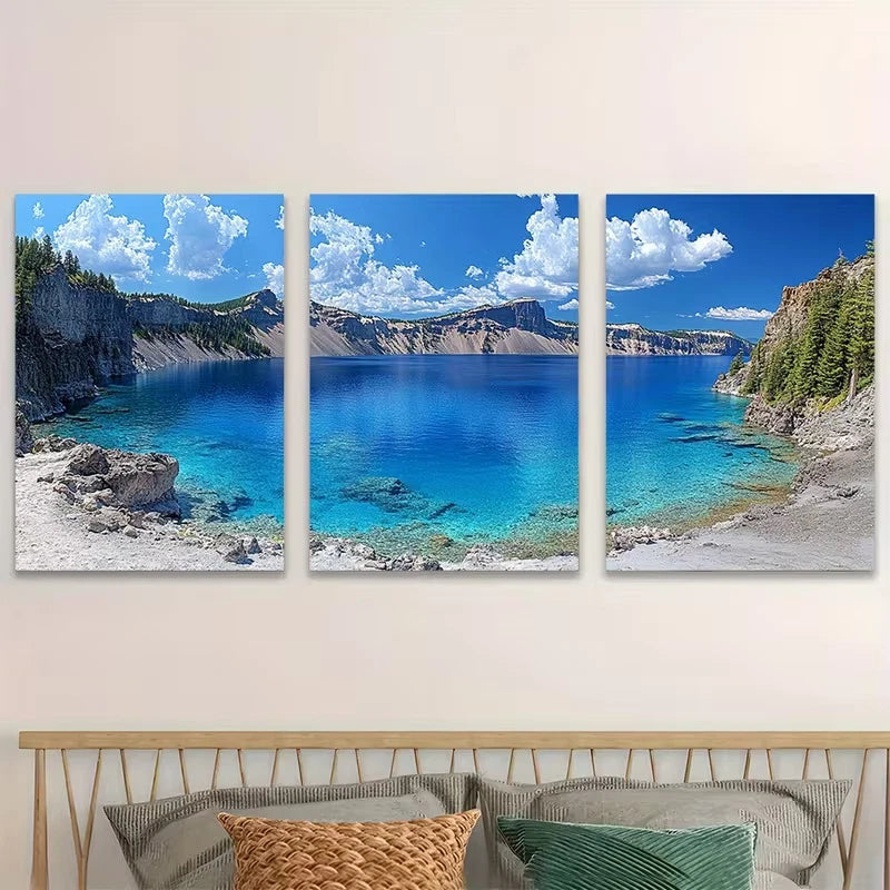 3pcs Serene Blue Water, Majestic Cliffs Metal Print Ready to Hang Art