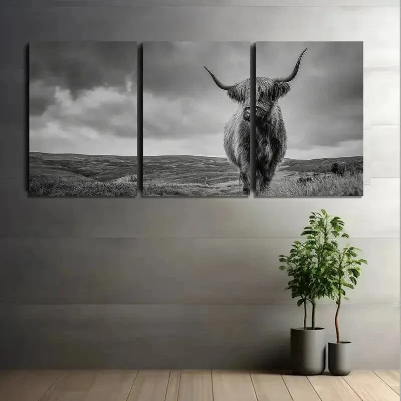 3pcs Black and White Highland Cow Standing Metal Print Ready to Hang Art