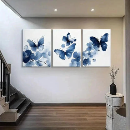 3pcs Blue Butterfly Floral Watercolor Perfect Wall Art Set Canvas Framed 40x60cm - High Quality Print 100% Australian Made Wall Canvas Ready to Hang