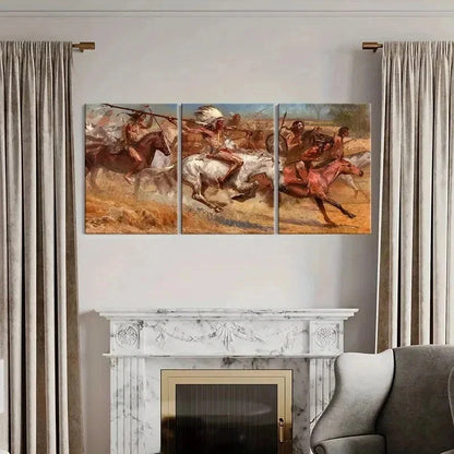 3pcs Native Americans On Horses Red Indians Wall Art Set Canvas Framed 60x90cm - High Quality Print 100% Australian Made Wall Canvas Ready to Hang