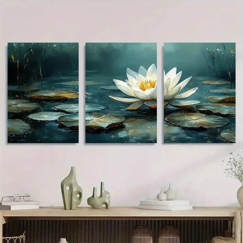 3pcs White Lotus Flower Elegant Wall Art Set Canvas Unframed - High Quality Print 100% Australian Made Wall Canvas