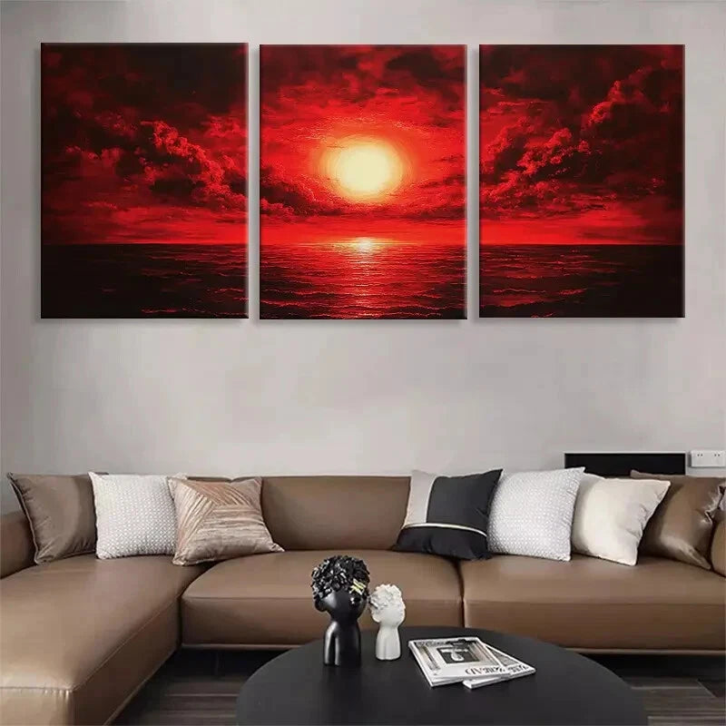 3pcs Red Sunset Ocean Sky and Sea Perfect Wall Art Set Canvas Framed 40x60cm - High Quality Print 100% Australian Made Wall Canvas Ready to Hang