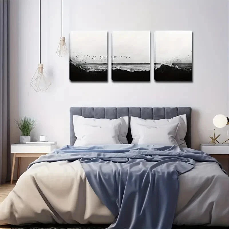 3pcs Black And White Beach Decorative Perfect Wall Art Set Canvas Framed 40x60cm - High Quality Print 100% Australian Made Wall Canvas Ready to Hang