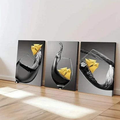 3pcs Abstract Black & Yellow Accents Wine Glass Wall Art Canvas Unframed - High Quality Print 100% Australian Made Wall Canvas