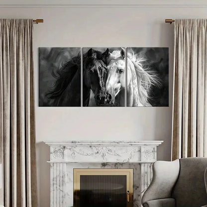 3pcs Black & White Animal Horses Artwork Wall Art Set Canvas Framed 50x70cm - High Quality Print 100% Australian Made Wall Canvas Ready to Hang