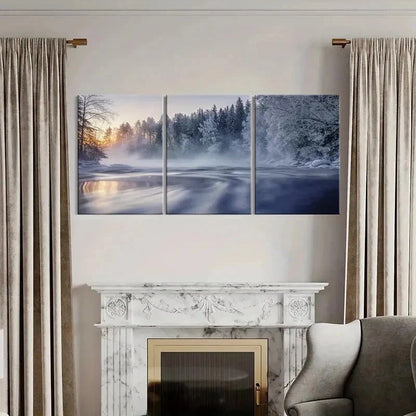 3pcs Snowy Forest Misty Landscape Serene River Wall Art Set Canvas Framed 40x60cm - High Quality Print 100% Australian Made Wall Canvas Ready to Hang