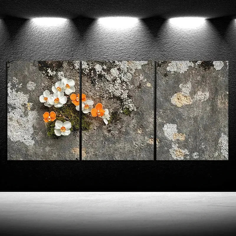3pcs Colourful Flowers on The Cement Metal Print Ready to Hang Art