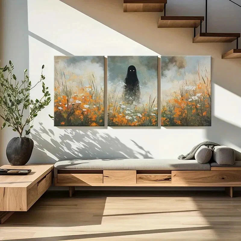 3pcs Mysterious Figure Floral Field Ethereal Metal Print Ready to Hang Art