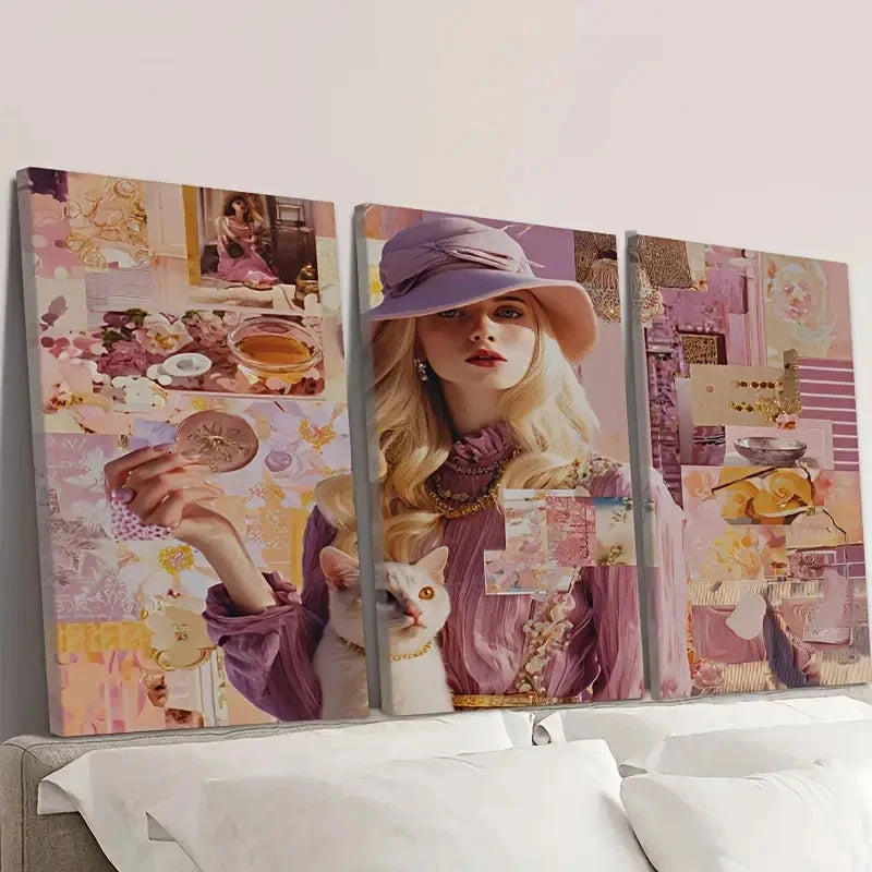 3pcs Cute Pastel Collage Wall Art Set Canvas Framed 50x70cm - High Quality Print 100% Australian Made Wall Canvas Ready to Hang
