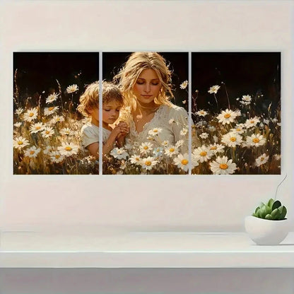 3pcs Mother & Youngsters Daisy Field Scene Metal Print Ready to Hang Art