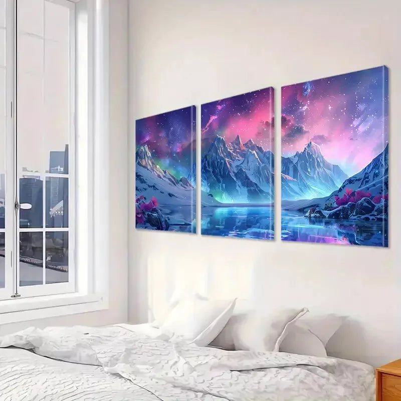 3pcs Abstract Starry Night With Pink Glow Wall Art Set Canvas Framed 40x60cm - High Quality Print 100% Australian Made Wall Canvas Ready to Hang