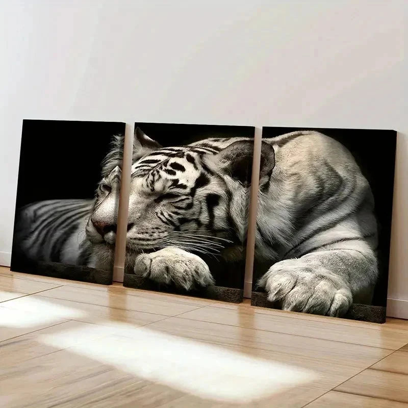 3pcs White Tiger Animal Prints Decor Wall Art Set Canvas Framed 40x60cm - High Quality Print 100% Australian Made Wall Canvas Ready to Hang