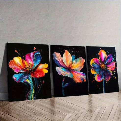 3 PCS A Colorful Flower Black Background Wall Art Set Canvas Unframed - High Quality Print 100% Australian Made Wall Canvas