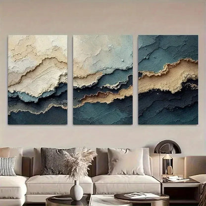 3pcs Ocean Abstract Brown Sky Blue & Navy Metal Print Ready to Hang Art
