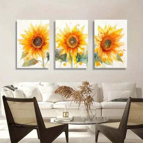 3pcs Vibrant Yellow Floral Brushstrokes Perfect Wall Art Canvas Unframed - High Quality Print 100% Australian Made Wall Canvas